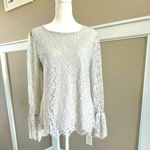 Adrienne Vittadini light grey, lace top with bell sleeves.